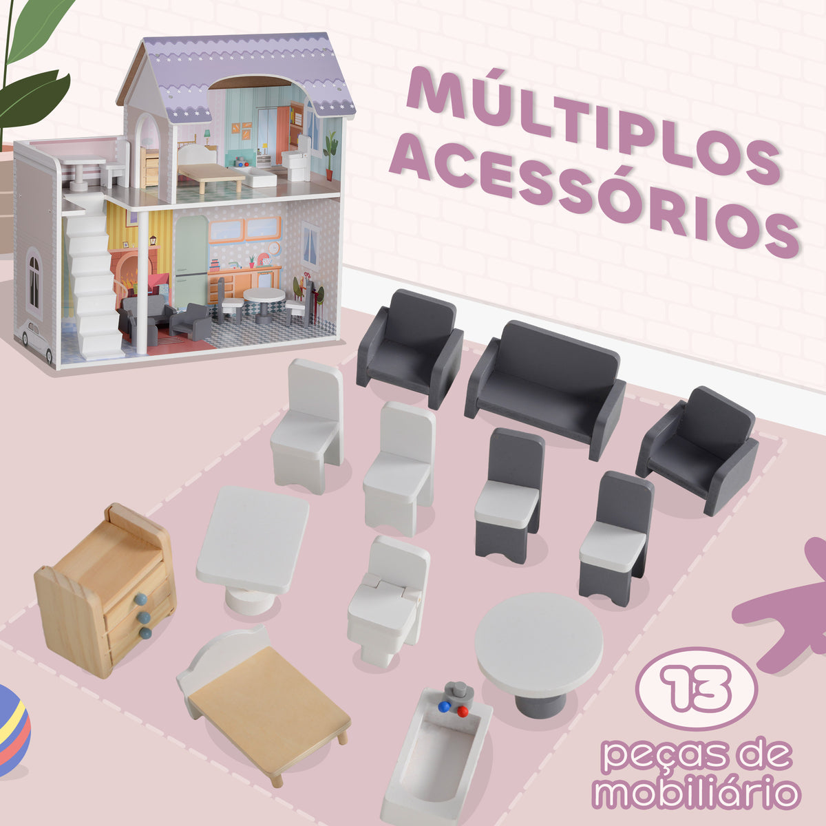 Casa de Bonecas com Móveis e Acessórios Casa de Bonecas de Madeira com Varanda e 2 Andares Brinquedo para Meninas e Meninos acima de 3 Anos 60x26,6x60 cm Multicor — foto 5