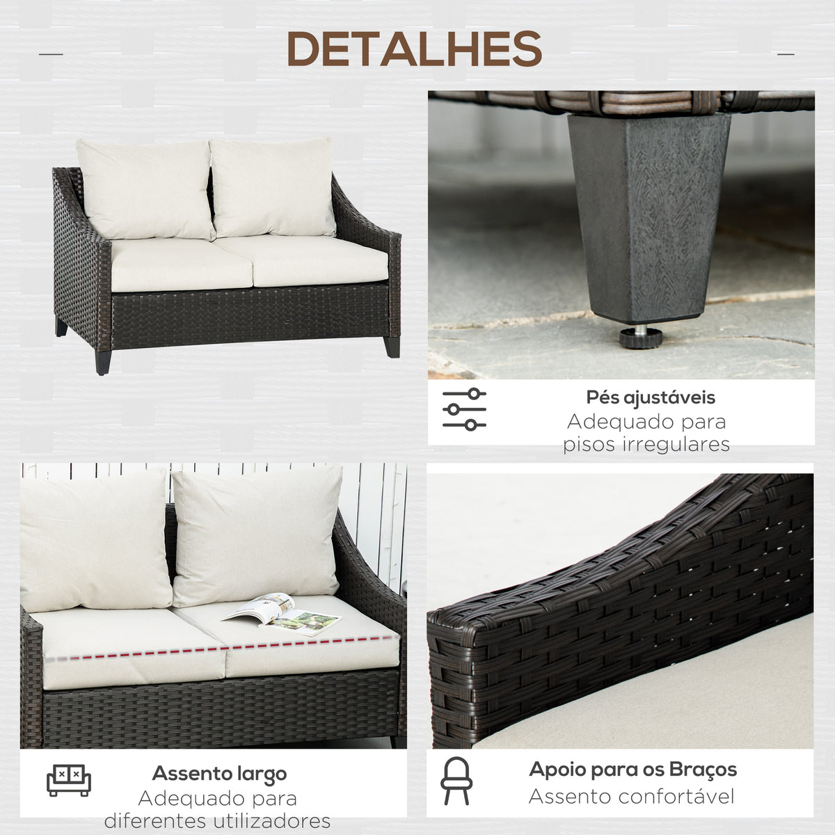 Sofá de Jardim de 2 Lugares Sofá de Vime com Almofadas Acolchoadas com Zíper e Pés Ajustáveis para Terraço Balção Pátio 132x70x74cm Marrom — foto 6