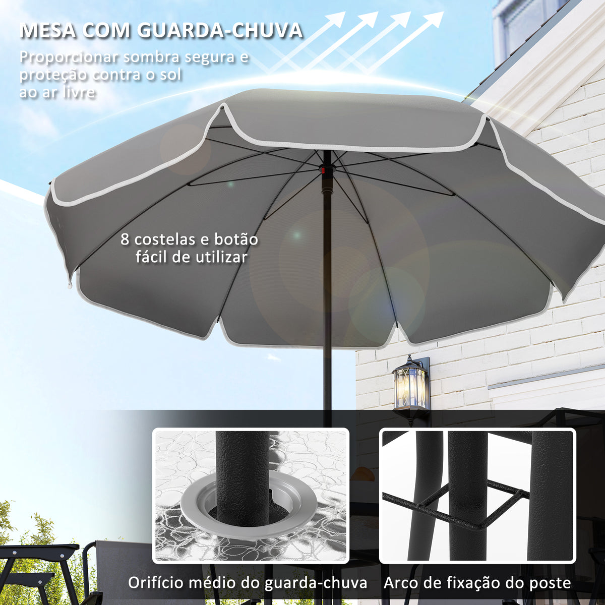 Conjunto de Mesa e Cadeiras de Jardim de 6 Peças Móveis de Jardim Exterior com 4 Cadeiras Dobráveis Mesa de Vidro e Chapéu de Sol para Terraço Pátio Cinzento — foto 4