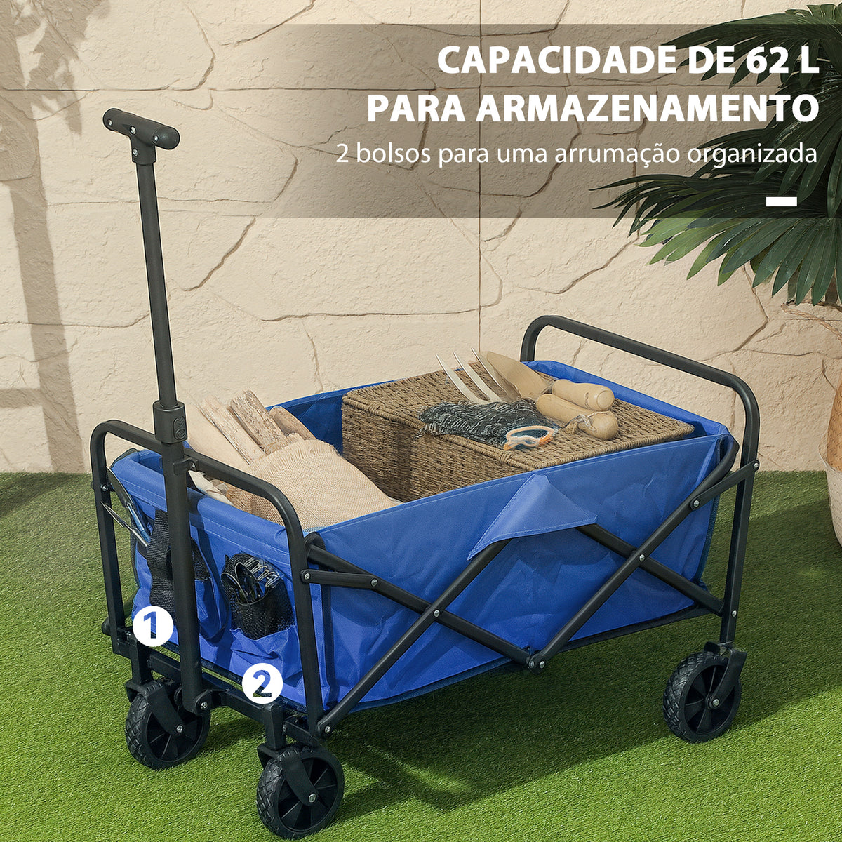 Carrinho de Transporte com Rodas Carrinho de Jardim Dobrável com Pega Telescópica Ajustável 2 Bolsas de Arrumação Carrinho de Praia Jardim Campismo Carga 120 kg 64x42x27 cm Azul — foto 4