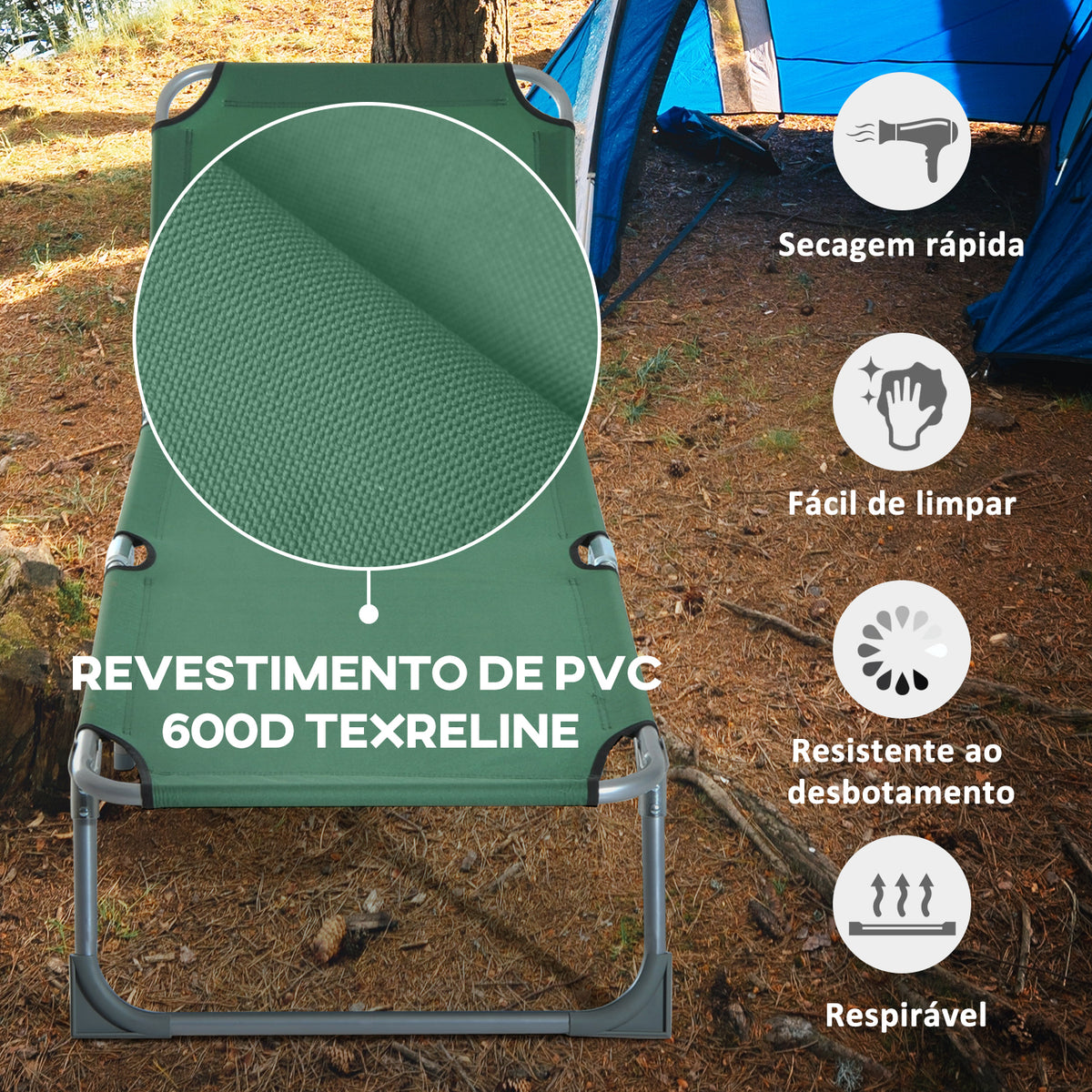 Espreguiçadeira Dobrável e Reclinável em 4 Posições Espreguiçadeira de Campismo com Estrutura Metálica e Tecido Oxford para Exterior 187x58x28 cm Verde — foto 5