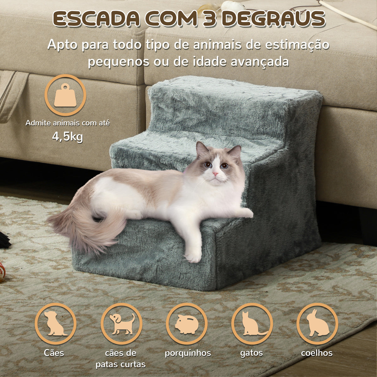 Escada para Animais de Estimação com 3 Degraus 2 em 1 com Capa Removível e Lavável Escada para Cães Gatos 35x46x35 cm Cinza — foto 4