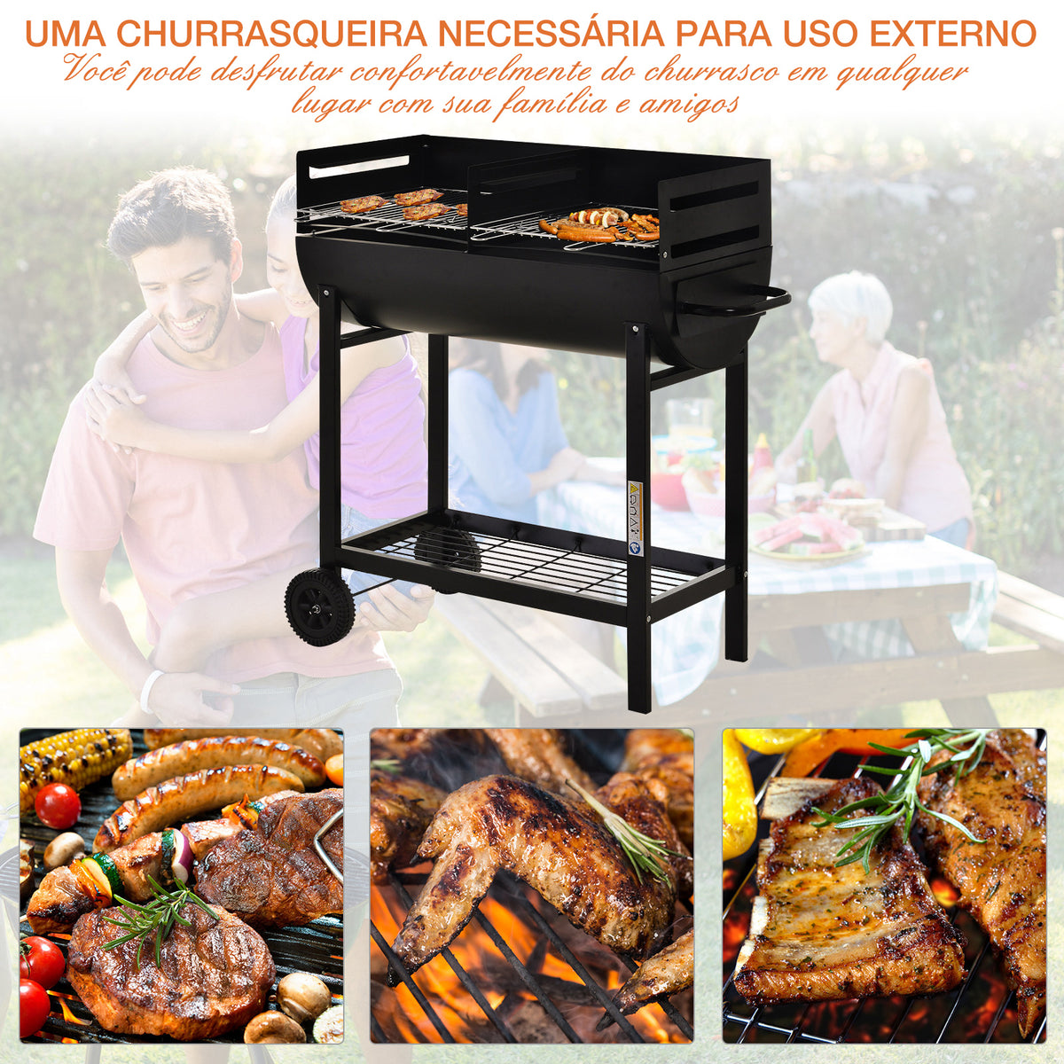 Barbecue a Carvão com Grelha Ajustável em Altura para Exterior Barbecue Portátil com Prateleira de Armazenamento e Rodas 90x45x96 cm Preto — foto 5