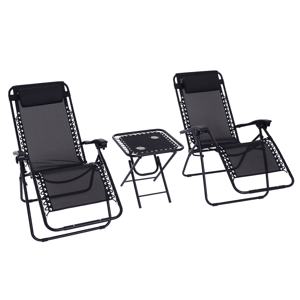 Conjunto de 1 Mesa e 2 Espreguiçadeiras Conjunto de Exterior Dobrável e Portátil para Jardim Praia Relaxante com Encosto Reclinável Textilene Aço Preto — foto 1