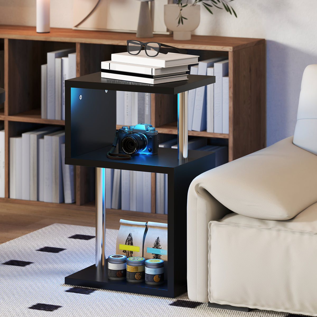 Mesa Auxiliar com Luz LED de 3 Níveis Mesa Auxiliar Moderna com Forma de S Prateleiras Abertas e Estrutura em Alumínio para Sala Quarto 44x38x75 cm Preto Brilhante — foto 2