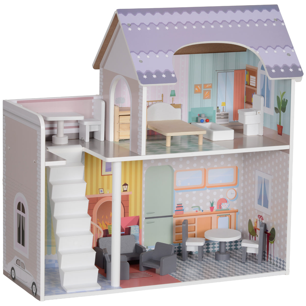 Casa de Bonecas com Móveis e Acessórios Casa de Bonecas de Madeira com Varanda e 2 Andares Brinquedo para Meninas e Meninos acima de 3 Anos 60x26,6x60 cm Multicor — foto 1