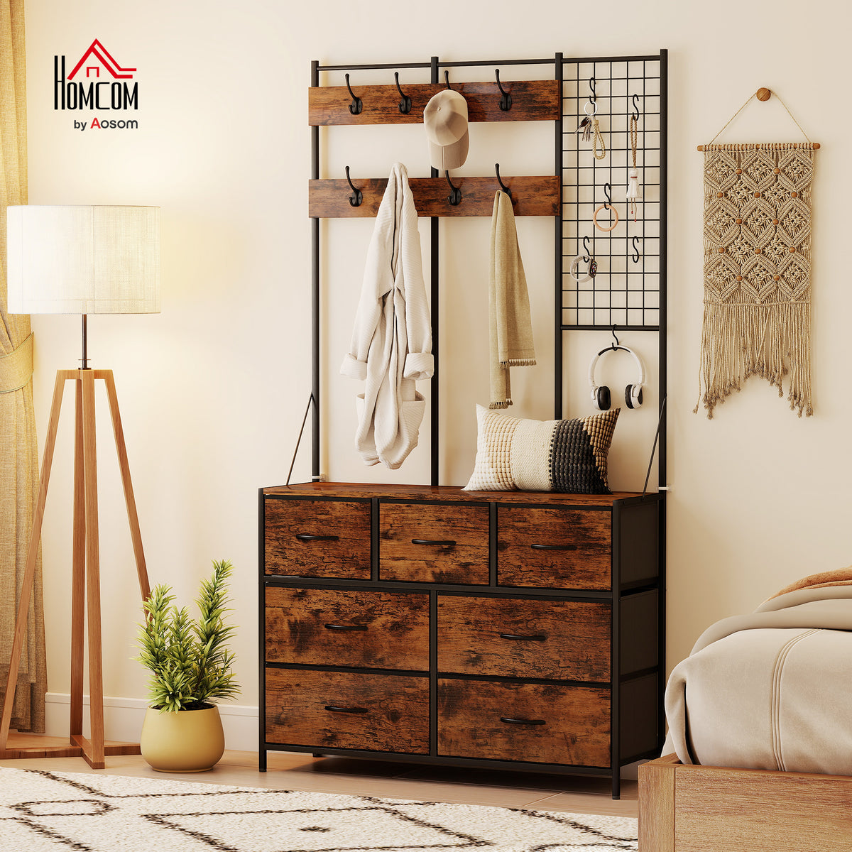 Suporte para Cabides Entrada Móvel de Arrumação com Sapateira 14 Ganchos 7 Gavetas de Tecido e Prateleira Estilo Industrial para Corredor Quarto Sala 100x30x183 cm Castanho Rústico — foto 2