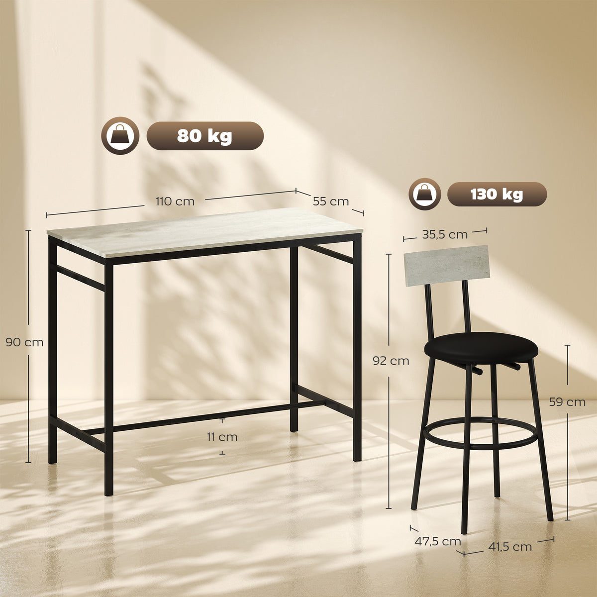 Conjunto de Mesa Alta de Bar com 4 Bancos, Assentos em PU, Encosto e Apoio para os Pés, Cinzento-claro — foto 2