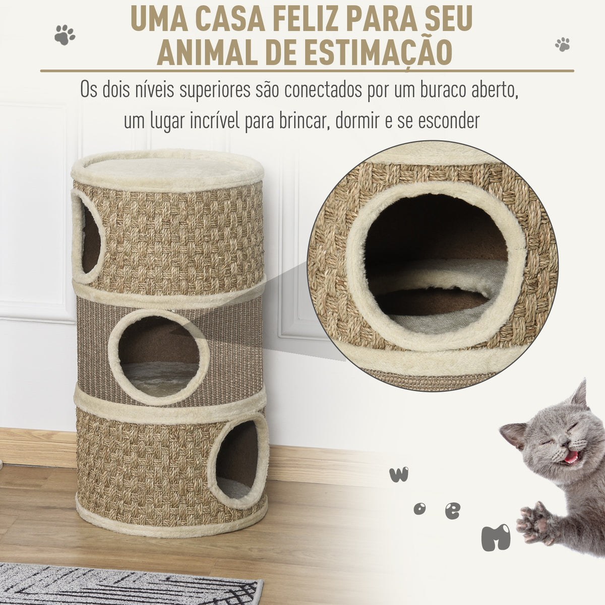 Torre Arranhadora para Gatos de 3 Níveis, Altura 70 cm, Cama para Gatos com Sisal, Móvel Arranhador, Ø37,5x70 cm, Caqui e Castanho — foto 4