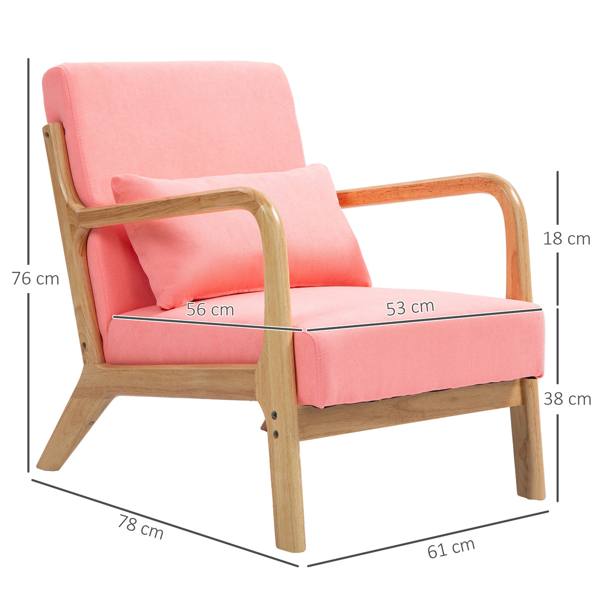 Poltrona Sala de Estar Nórdica Poltrona Individual Acolchoada com Apoio para os Braços e Estrutura de Madeira de Borracha para Dormitório Carga 120 kg 61x78x76 cm Rosa — foto 3