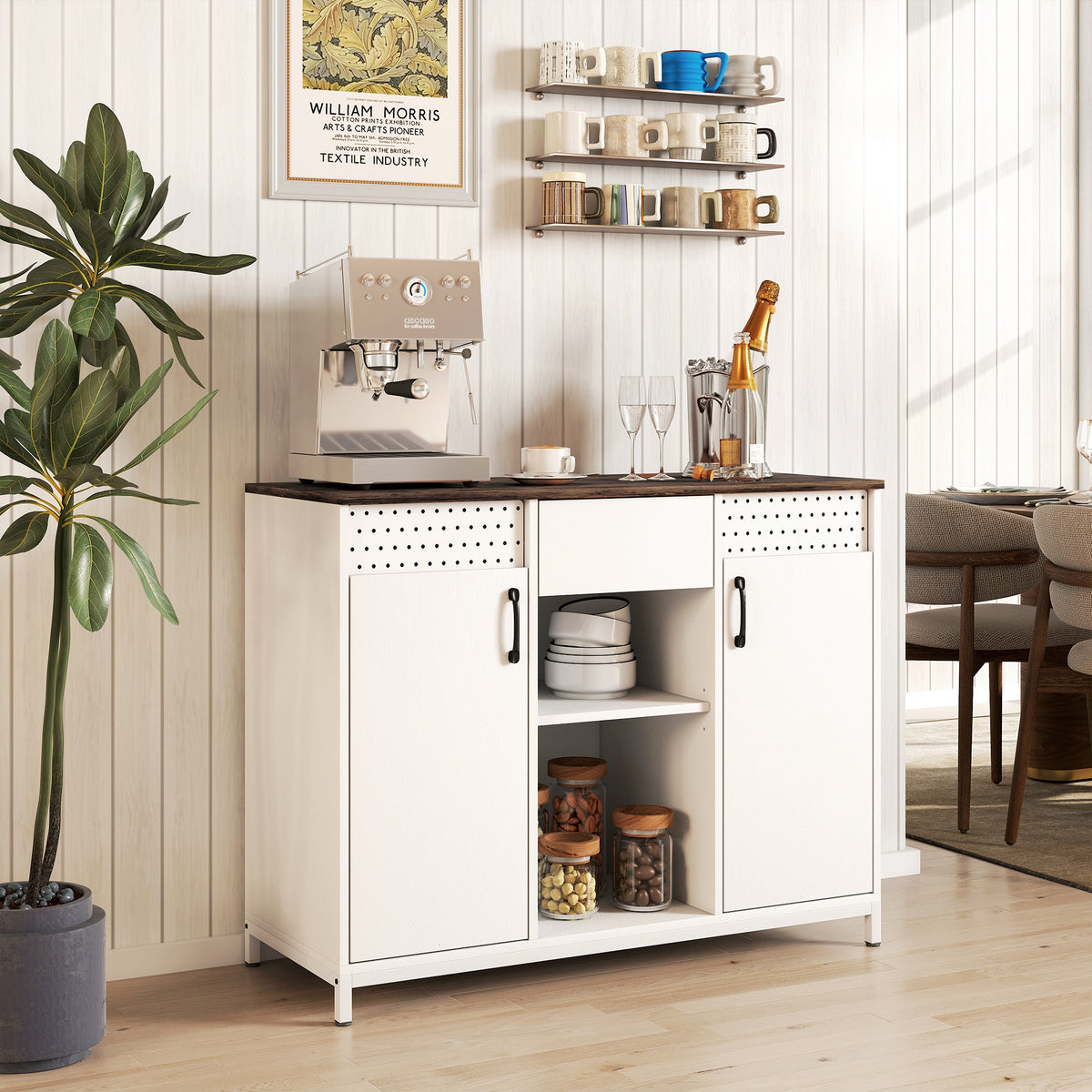 Aparador de 2 Portas com Orifícios Aparador de Sala com 2 Compartimentos e Gaveta Prateleiras Ajustáveis para Cozinha Entrada Dormitório 100x40x80 cm Branco e Castanho Rústico — foto 2