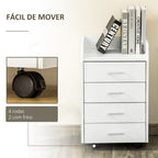 Bloco de Gavetas Móvel Auxiliar com 4 Gavetas Bancada Superior de Armazenamento 4 Rodas e 2 Freios para Estúdio Escritório 40x36x65cm Branco — foto 5