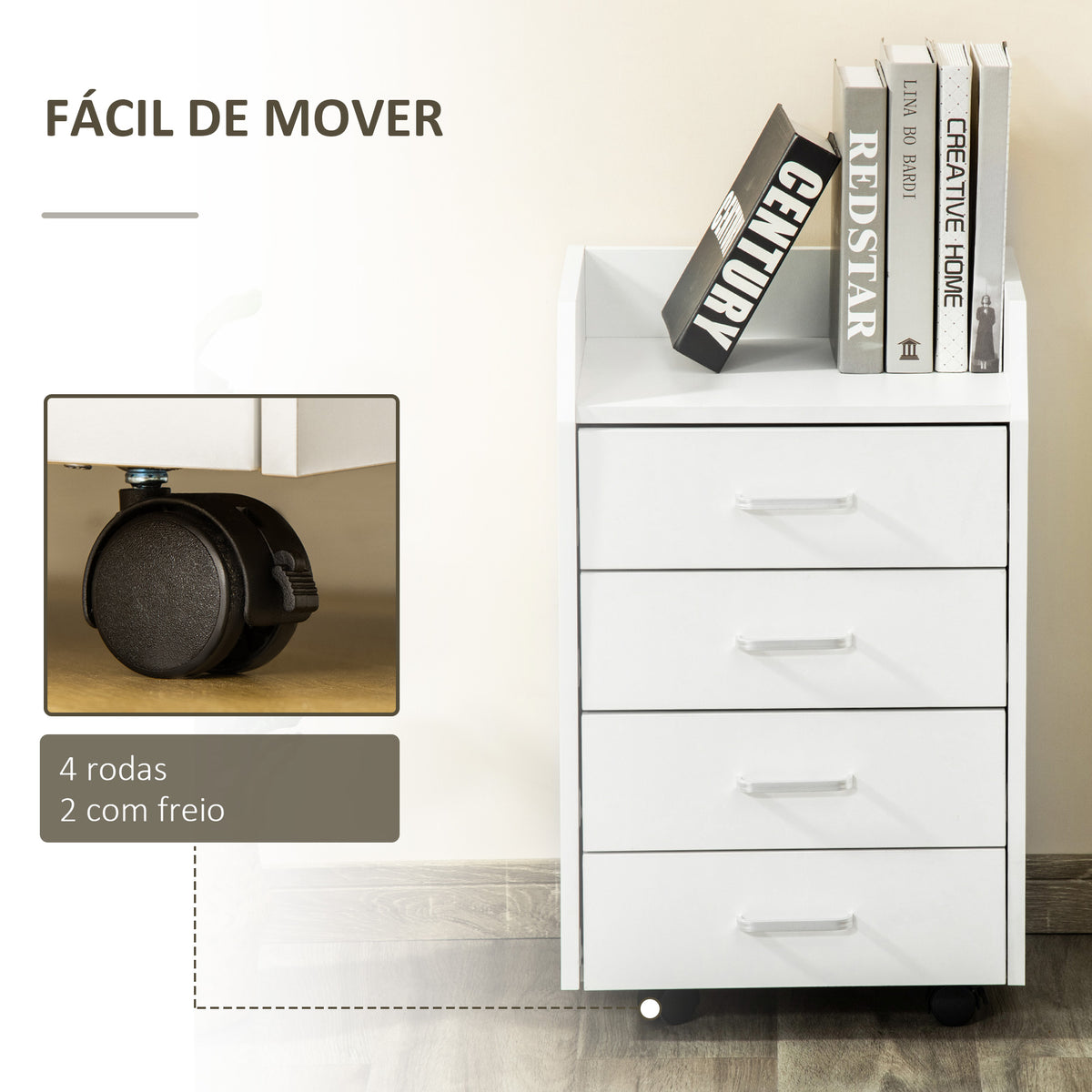 Bloco de Gavetas Móvel Auxiliar com 4 Gavetas Bancada Superior de Armazenamento 4 Rodas e 2 Freios para Estúdio Escritório 40x36x65cm Branco — foto 5