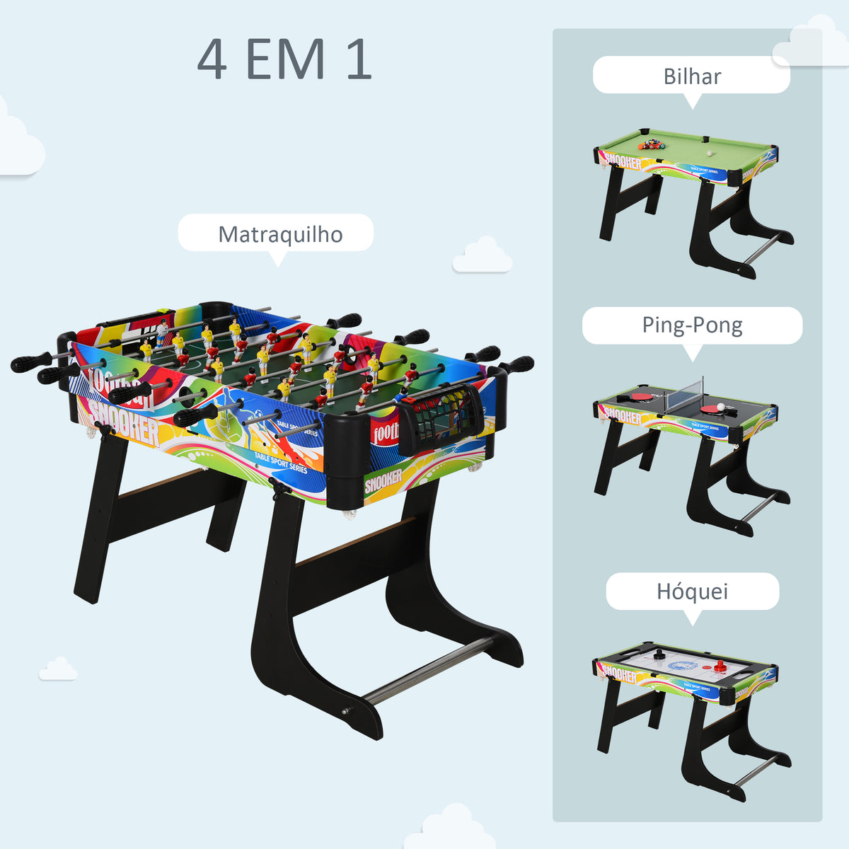 Mesa Multi-Jogos Dobrável Mesa de Jogos Desenho 4 em 1 Matraquilhos Hóquei de Mesa Bilhar Pingue-Pongue e Acessórios Incluídos 86,5x43,5x64 cm Multicor — foto 4