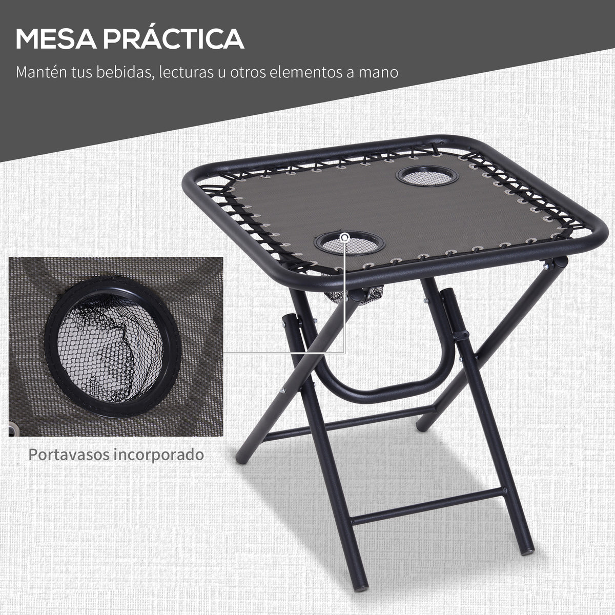 Conjunto de 1 Mesa e 2 Espreguiçadeiras Conjunto de Exterior Dobrável e Portátil para Jardim Praia Relaxante com Encosto Reclinável Textilene Aço Cinza — foto 5