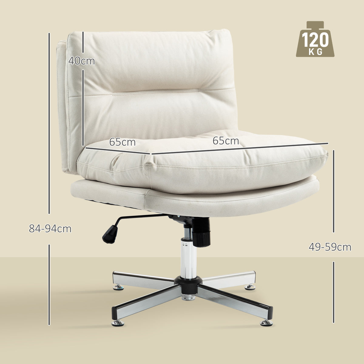 Cadeira de Escritório sem Apoio para os Braços Cadeira de Escritório com Altura Ajustável Função Basculante Base Cruzada e Assento Amplo Cadeira para Estúdio 65x65x84-94 cm Cinza Claro - Modelo 1 — foto 3