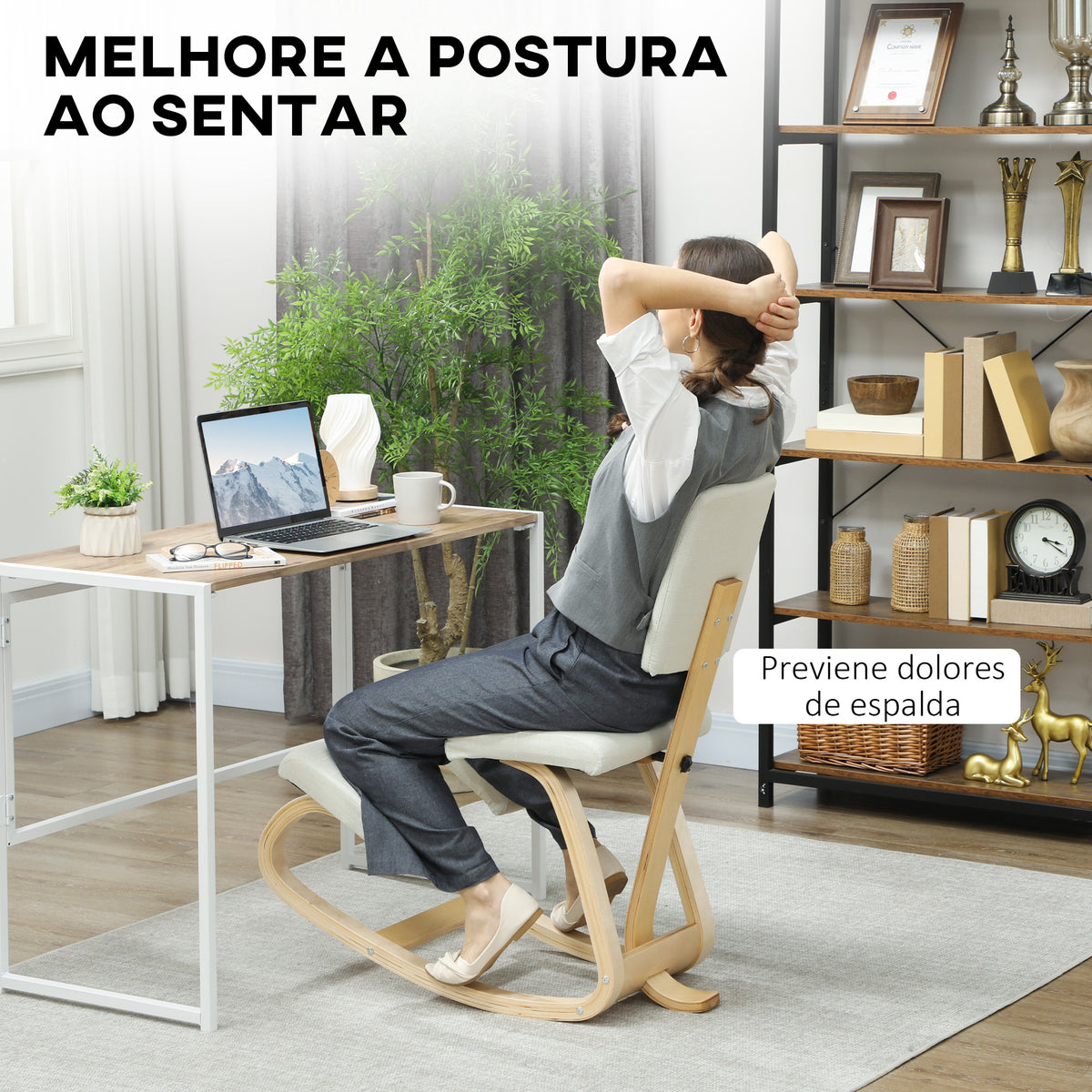 Cadeira Ergonómica de Joelhos com Encosto Almofadas Acolchoadas Estrutura de Madeira para Melhor Postura Escritório 51x84x93 cm Creme — foto 4