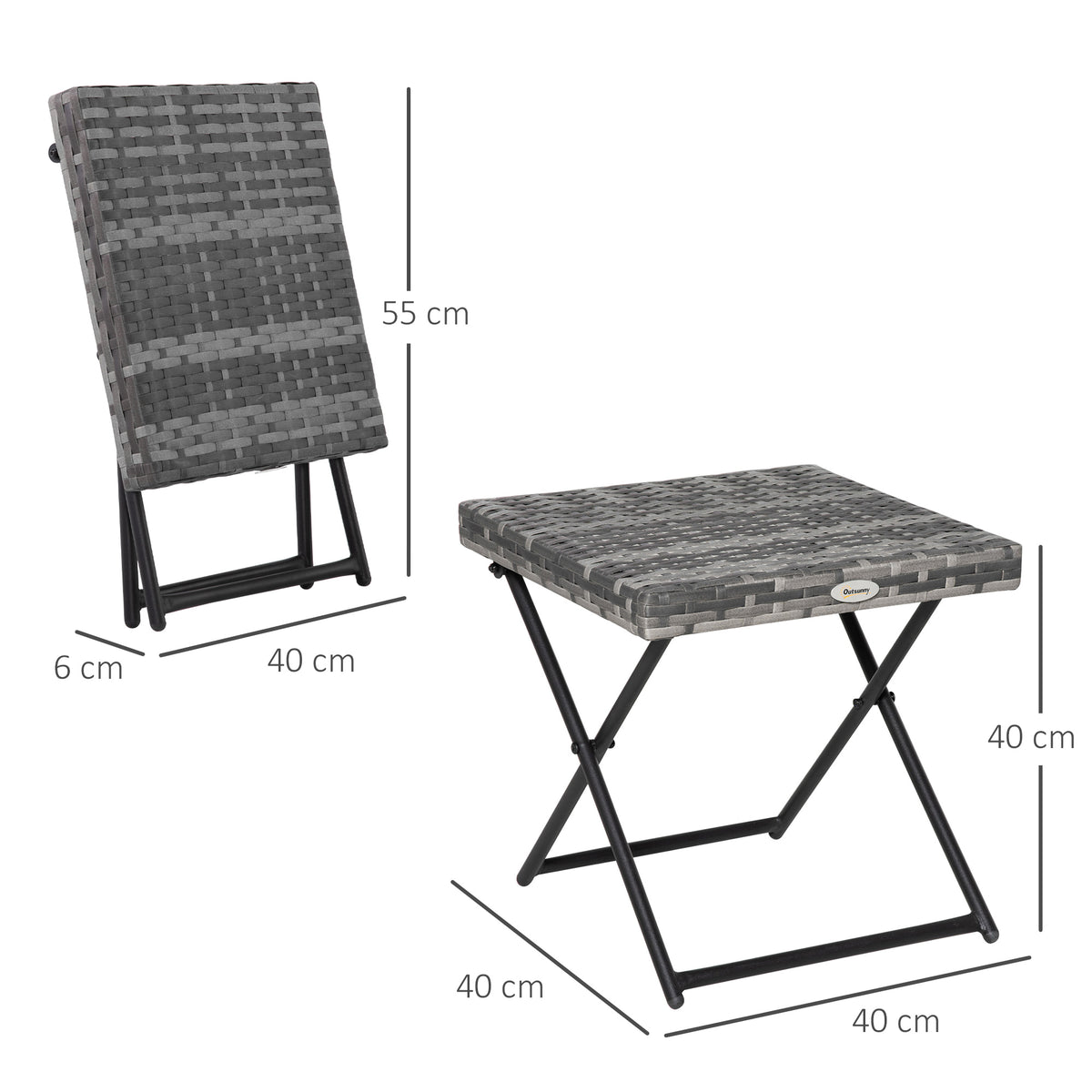 Mesa de Jardim em Vime Sintético Mesa de Terraço Exterior Dobrável com Pés Cruzados e Estrutura de Aço para Pátio Varanda 40x40x40 cm Cinza — foto 3