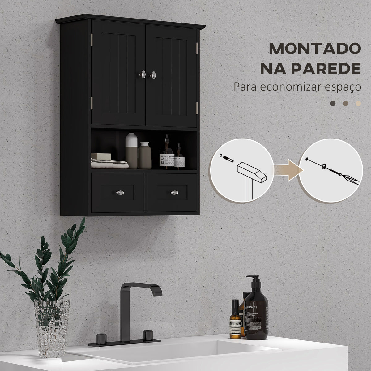 Armário de Parede para Casa de Banho Armário Suspenso de Casa de Banho com 2 Portas Prateleira Aberta e 2 Gavetas Estilo Moderno 50,8x17,8x66 cm Preto — foto 5