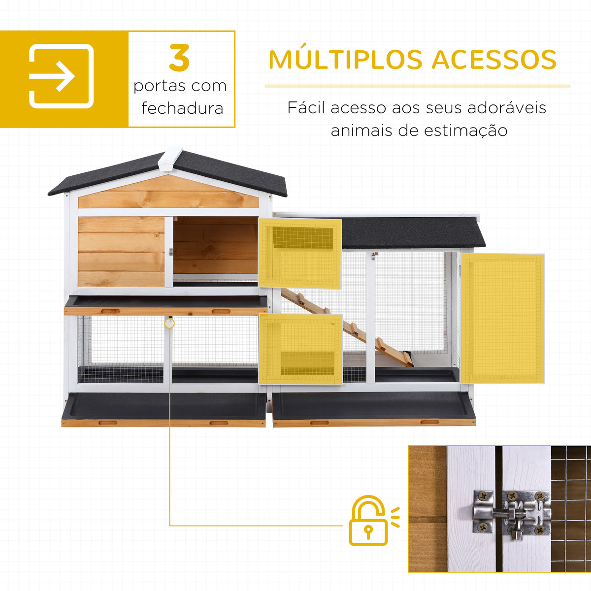 Coelheira de Madeira Exterior Gaiola para Coelhos de 2 Níveis com Teto Asfáltico 2 Cercados de Metal Bandeja Removível 3 Portas e Rampa 157,4x53x93,5cm Natural — foto 4
