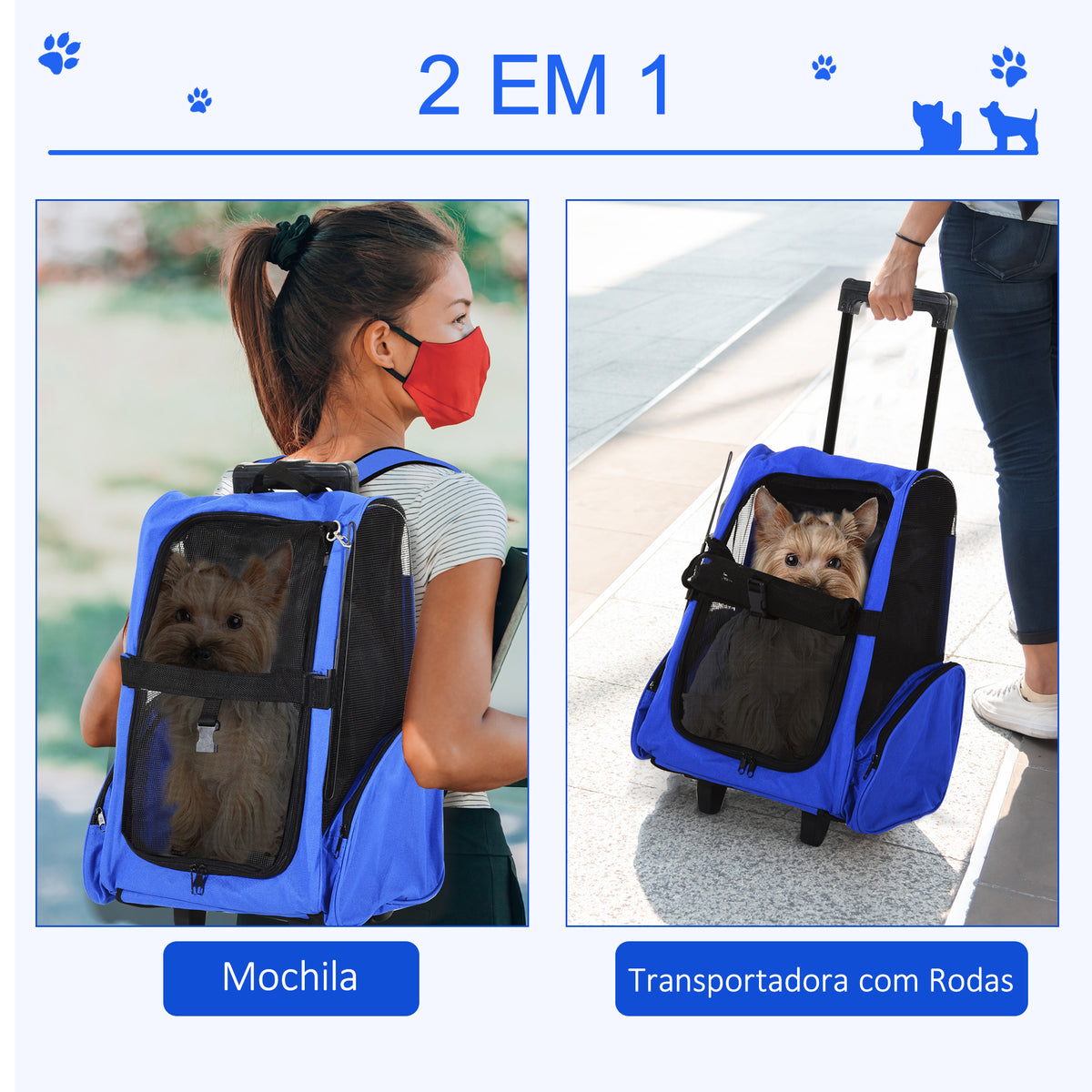 Transportadora 2 em 1 para Animais de Estimação Mochila ou Carrinho de Viagem para Cães e Gatos com 2 Rodas Alça Retrátil de Alumínio e Bolso de Armazenamento 42x25x55cm Azul — foto 4