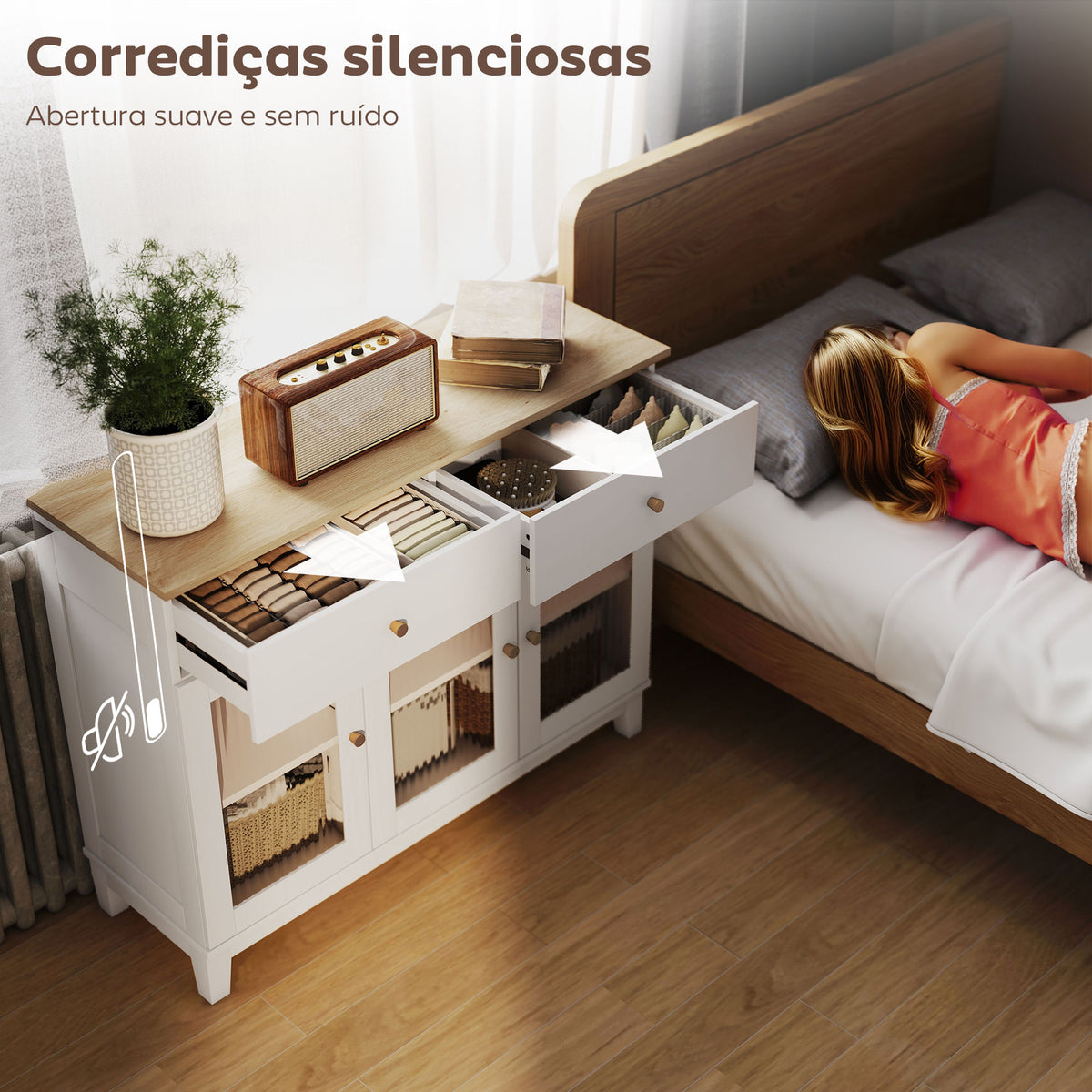 Aparador 3 Portas de Vidro Aparador para Sala Moderno com 2 Gavetas e Prateleiras Ajustáveis para Sala de Jantar ou Entrada 100x35x80,3 cm Branco — foto 5