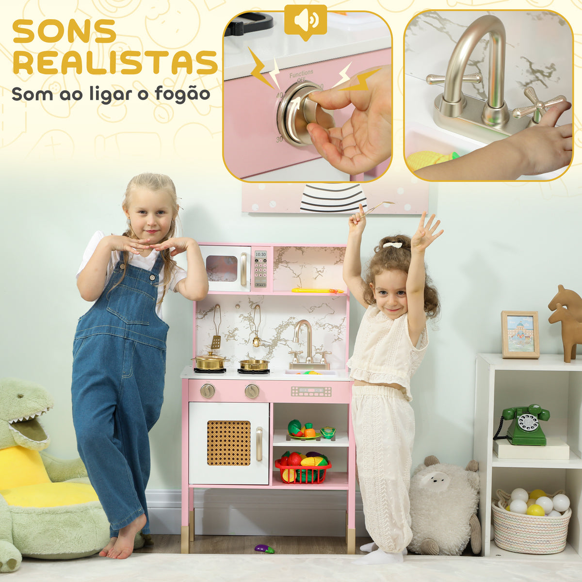 Cozinha de Brincar em Madeira com Som Cozinha Infantil com Acessórios em Aço Inoxidável Micro-Ondas Forno Lava-Loiças Legumes para Cortar para Crianças a Partir de 3 Anos 55x24x96 cm Rosa — foto 4