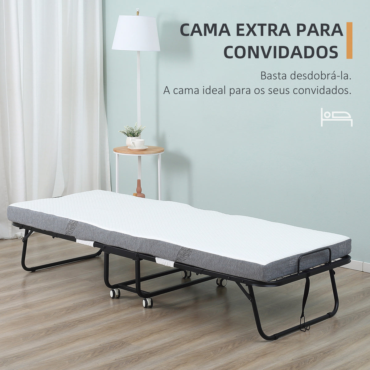 Cama Dobrável 200x90x42,5cm Cama de Campismo Portátil com Colchão Individual Rodas e Freios Carga Máxima 150kg para Dormitórios Branco — foto 4
