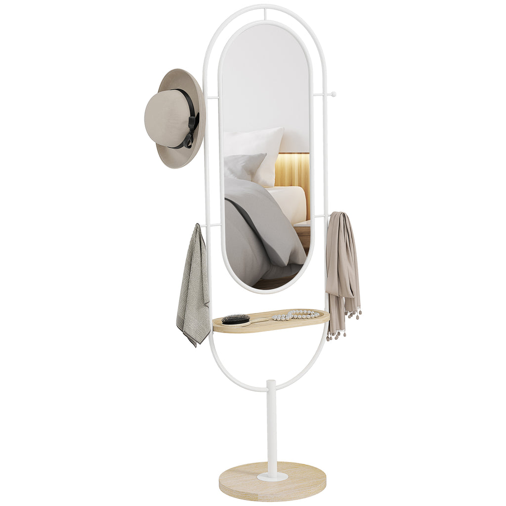 Espelho de Pé 50x175,5 cm Espelho de Corpo Inteiro com Bandeja de Madeira 4 Ganchos e Estrutura de Metal para Sala de Estar Quarto 50x40x175,5 cm Branco — foto 1