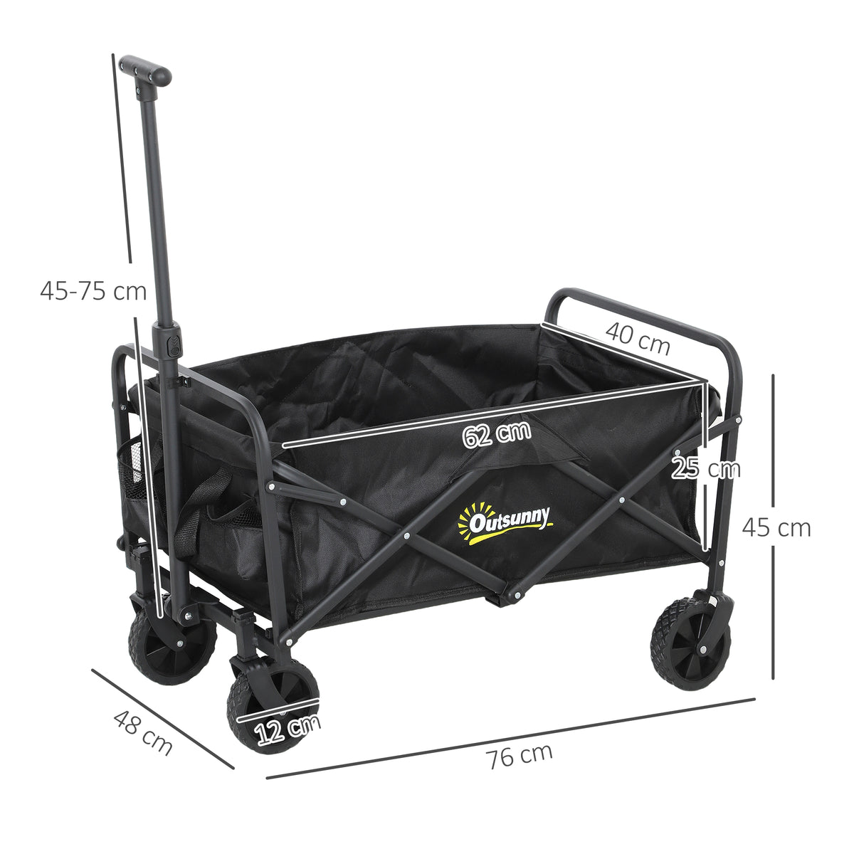 Carrinho de Transporte com Rodas Carrinho de Jardim Dobrável com Pega Telescópica Ajustável 2 Bolsas de Arrumação Carrinho de Praia Jardim Campismo Carga 120 kg 64x42x27 cm Preto — foto 3