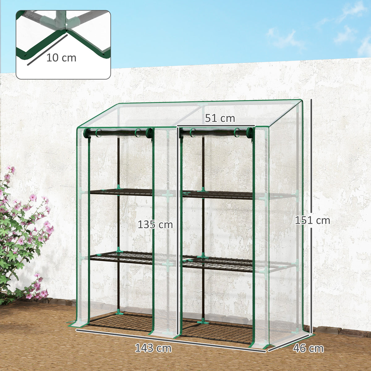 Estufa de Jardim de 3 Níveis Estufa de Terraço com Prateleiras Teto Inclinado e 2 Portas com Fecho de Correr para Cultivo de Plantas em Pátio 143x46x141/151 cm Transparente — foto 3