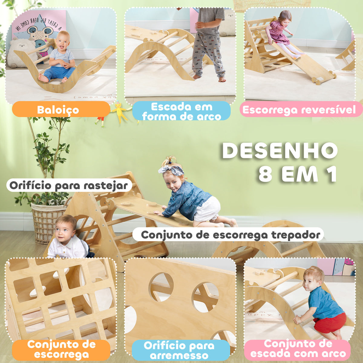 Triângulo de Escalar de Madeira 8 em 1 Jogo de Aprendizagem para Crianças de 18-48 Meses com Rampa Escada em Forma de Arco e Bolsa de Areia 175x59,5x60 cm Madeira — foto 4