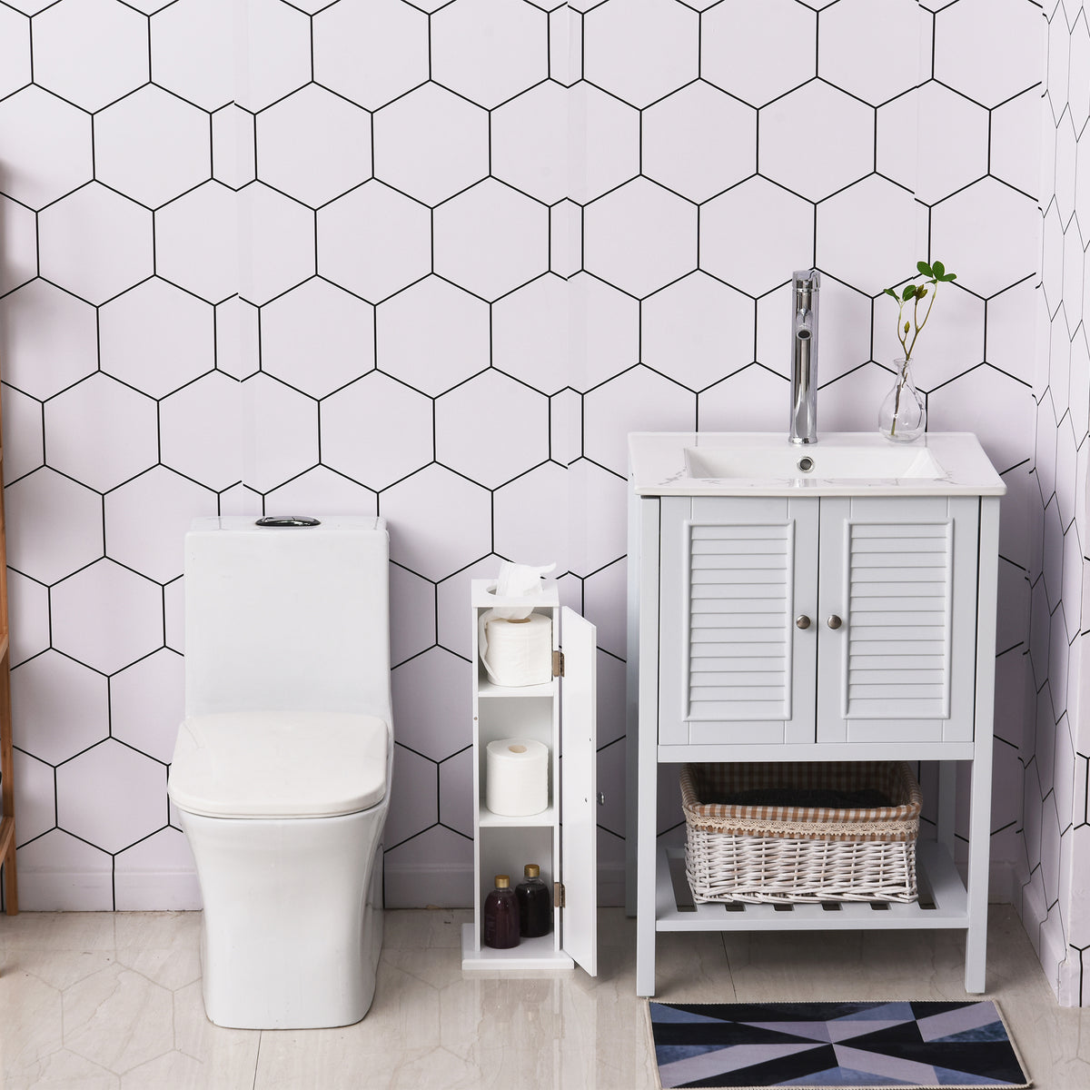 Armário de Casa de Banho Estreito Móvel de Casa de Banho com Orifício para Papel Higiénico e Prateleiras Estilo Moderno para Espaços Pequenos 19,5x19,5x65 cm Branco — foto 2