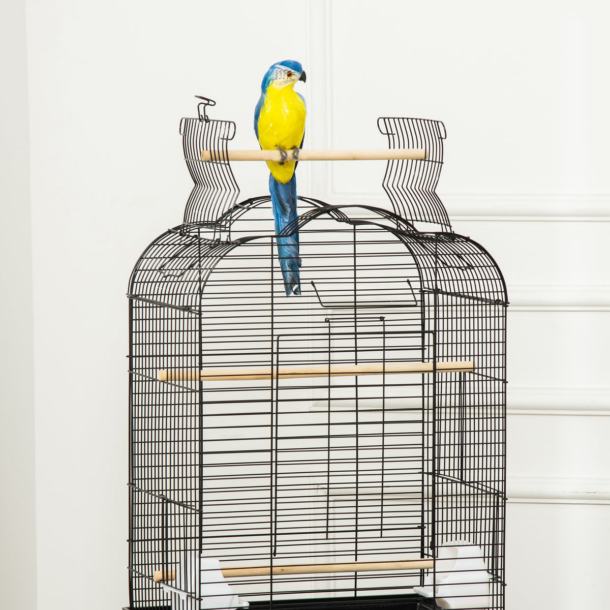 Gaiola para Passáros com Suporte Gaiola com 4 Rodas Teto com Abertura 2 Comedouros 3 Poleiros Bandeja Removível e Prateleira Inferior 46x36x130cm Preto — foto 8