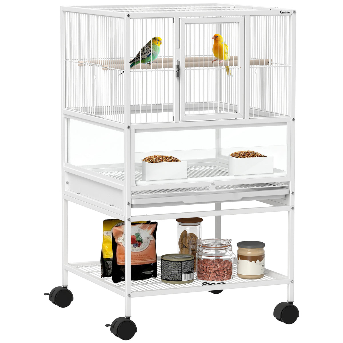 Gaiola para Pássaros Gaiola Grande com Rodas Painéis Acrílicos Comedouros Poleiros Prateleira Bandeja Amovível Gaiola para Papagaios Canários 48x46x83 cm Branco — foto 1