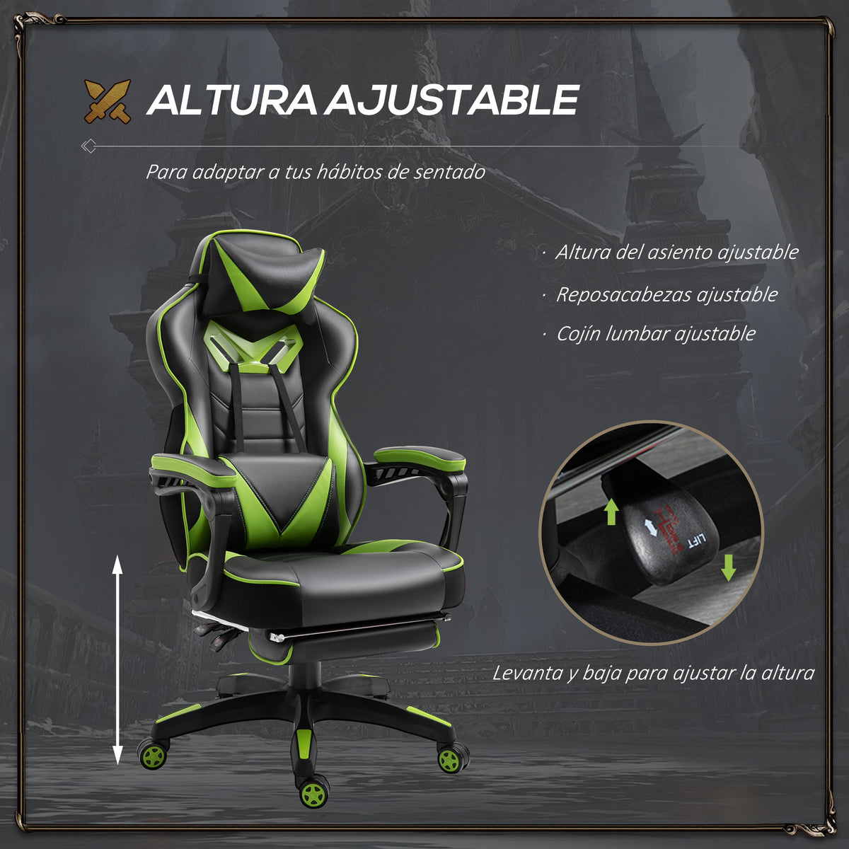 Cadeira de escritorio gaming ergonômica Altura ajustável Reclinável Encosto com apoio para pés Encosto de cabeça Almofada lombar Rodas 65x70x118,5-126,5 cm Verde e Preto — foto 5