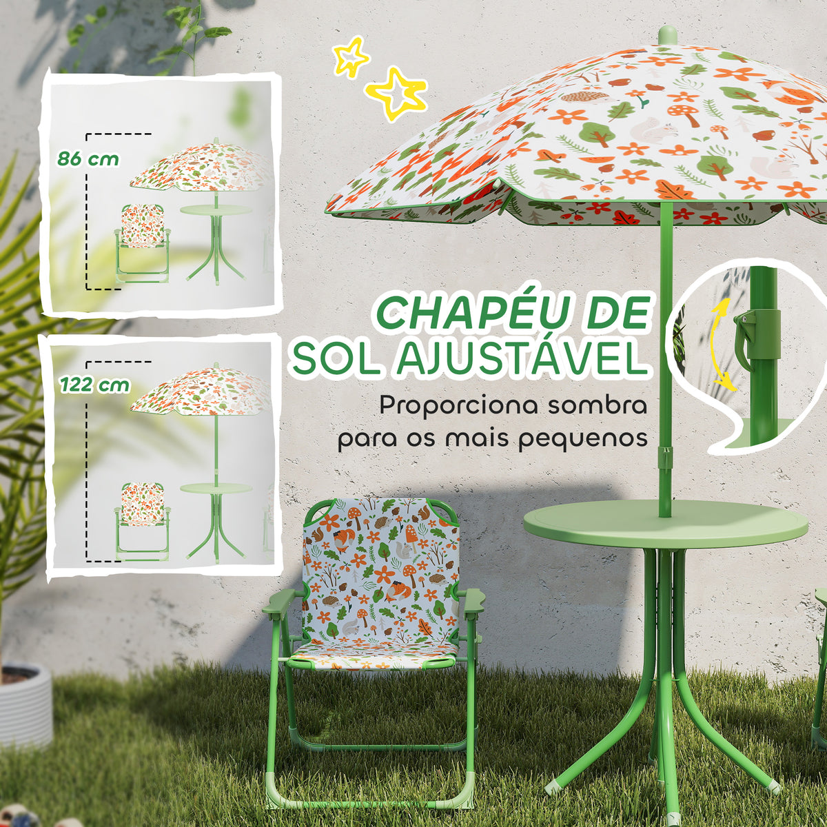 Conjunto de Mesa e Cadeiras para Crianças de Jardim Mesa Infantil com Cadeiras Dobráveis Chapéu de Sol Ajustável e Desenho de Raposas para Pátio Piquenique Verde — foto 5