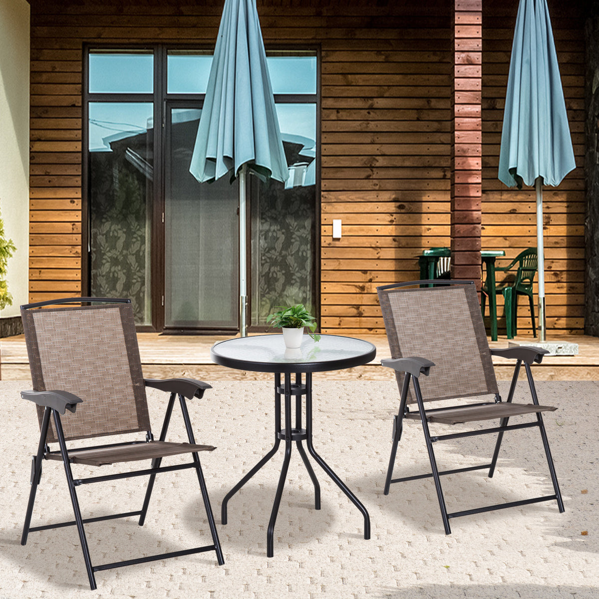 Conjunto de Mesa e 2 Cadeiras Cadeira Dobrável Encosto Reclináveis a 4 Níveis Armação de Aço Marrom — foto 2