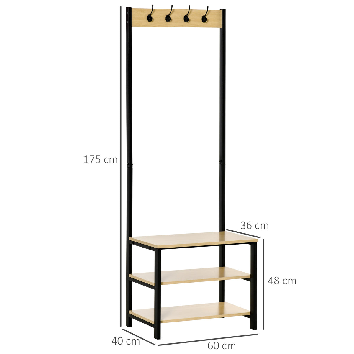 Cabide Suporte De Metal Estande 3 Prateleiras 8 Ganchos Cabide para Sapatos Roupas para Entrada do Corredor 60x40x175 cm — foto 3