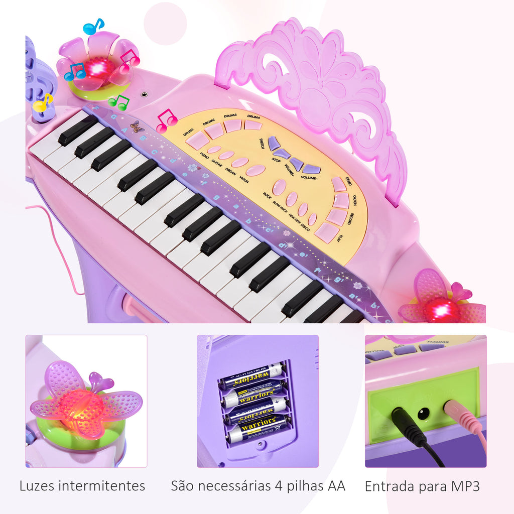 Piano Eléctrico Infantil 32 Teclas Piano Infantil com Microfone Banquinho Luzes Ritmos Sons MP3 Karaoke Modo Aprender Rosa — foto 5