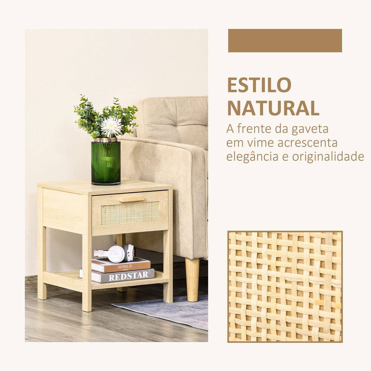 Mesa de cabeceira em malha Mesa lateral com gaveta e prateleira inferior em DM e vime para quarto Sala 40x40x48 cm Cor madeira — foto 4