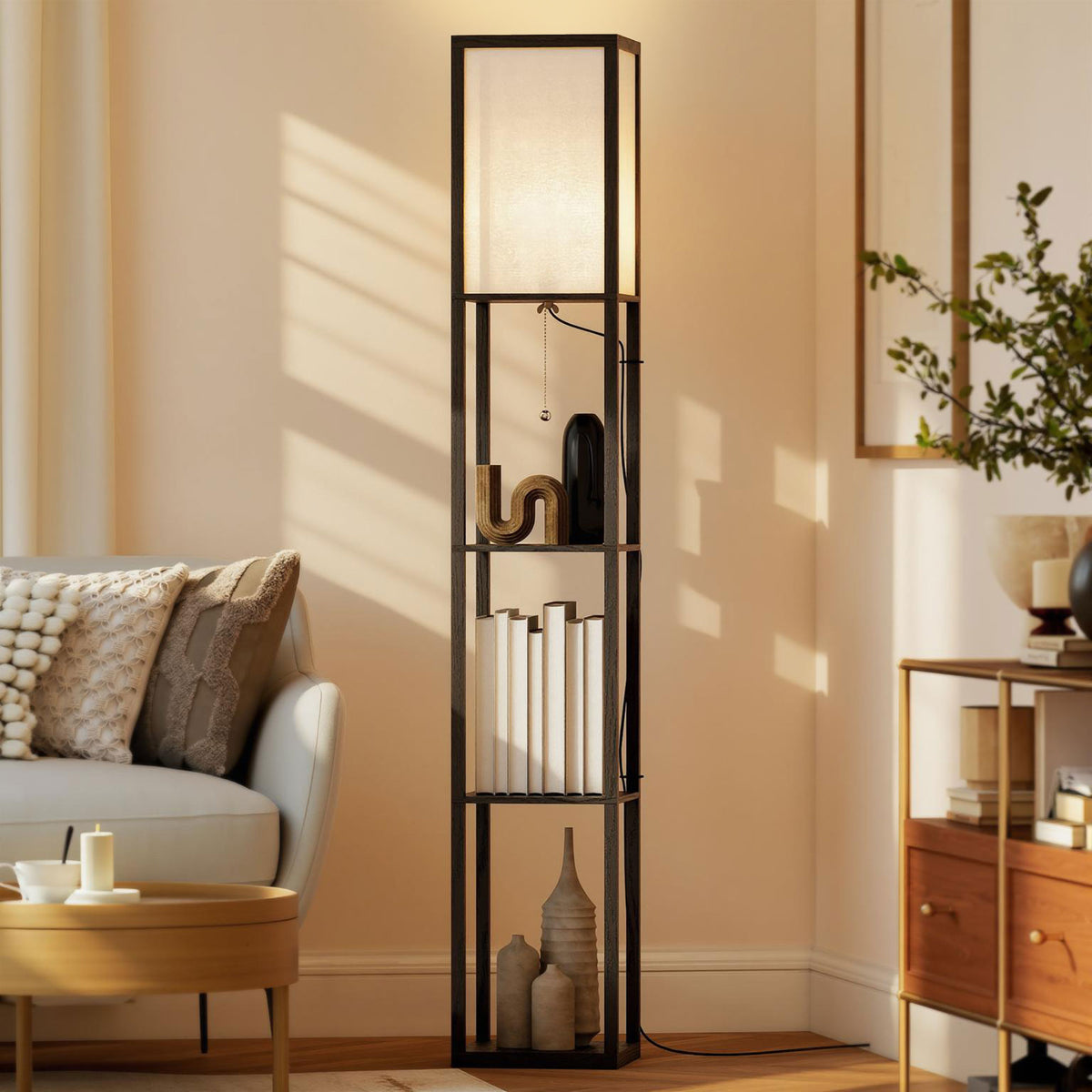 Candeeiro de Pé de Madeira com 3 Prateleiras De Armazenamento para Lâmpada E27 Potência Máx. 40W Candeeiro Moderno para Sala de Estar Dormitório 26x26x160cm Preto — foto 2