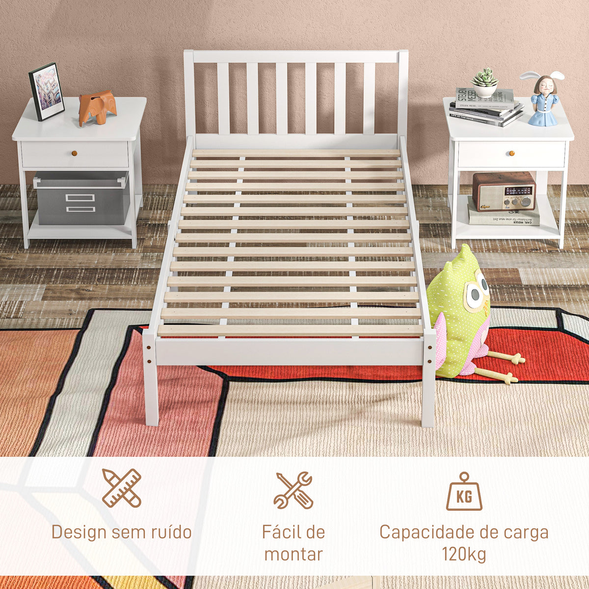 Estrutura de Cama de Madeira Estrado de Cama de Solteiro para Colchão 190x90 cm Carga 120 kg 198x96x70 cm Branco — foto 5
