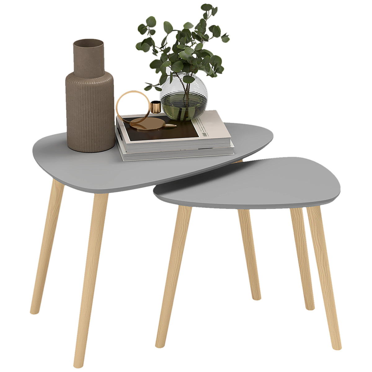 Conjunto de 2 Mesas Auxiliares com Pés de Madeira Mesas de Café para Sala de Estar Dormitório Escritório 59,5x39,5x45cm e 44,5x28,5x40 cm Cinza — foto 1