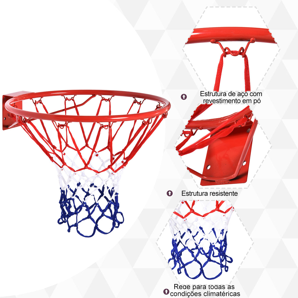 Cesta de Basquetebol de Parede Ø46 cm Aro de Basquetebol com Rede Estrutura Metálica 12 Ganchos para Interior e Exterior Vermelho — foto 5