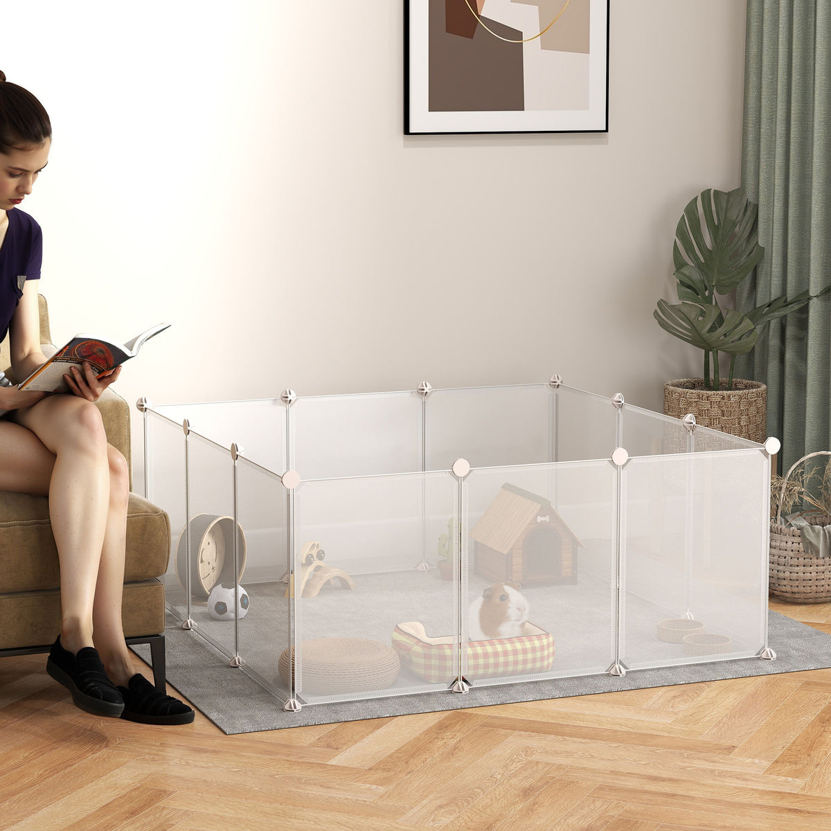 Recinto para Pequenos Animais Recinto Modular de Metal com 12 Painéis e 24 Conectores para Coelhos Porquinhos da Índia 105x105x45 cm Branco — foto 2