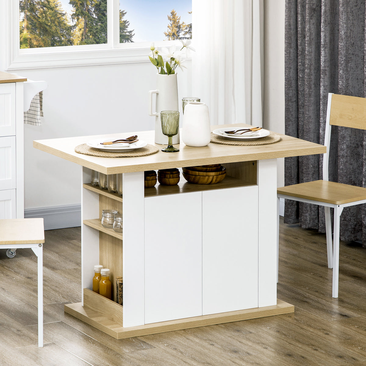 Ilha de Cozinha para 4-6 Pessoas Móvel de Cozinha com 4 Portas Compartimentos Abertos Prateleira Ajustável 110x70x75,5 cm Carvalho e Branco — foto 2
