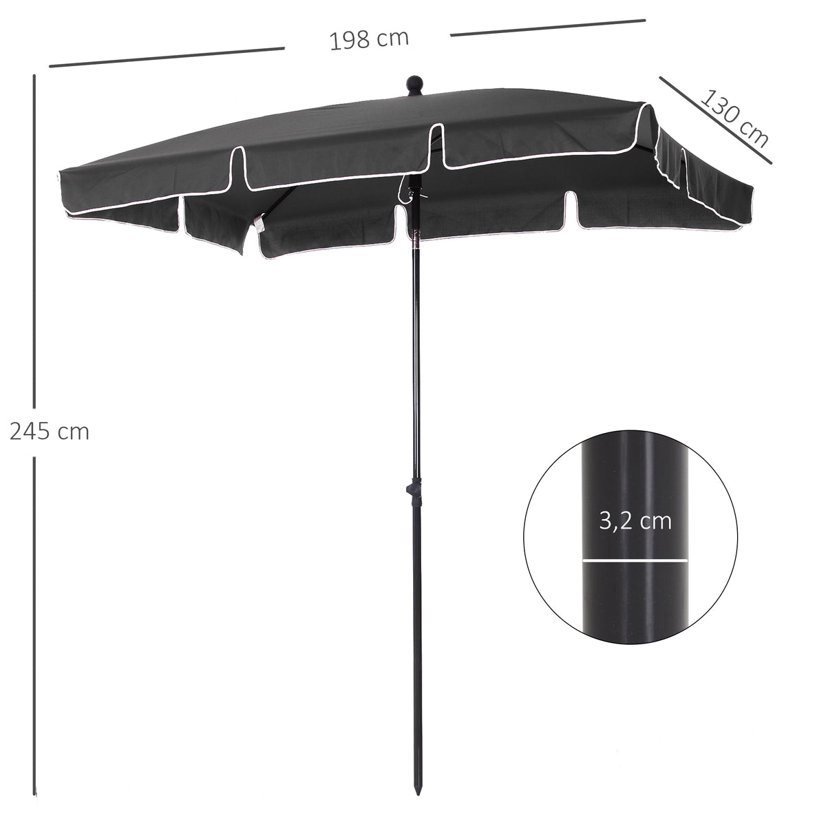 Chapéu de Sol Retangular de Jardim 198x130x240cm Chapéu de Sol de Alumínio com Função de Inclinação para Terraço Pátio Exterior Cinza — foto 3