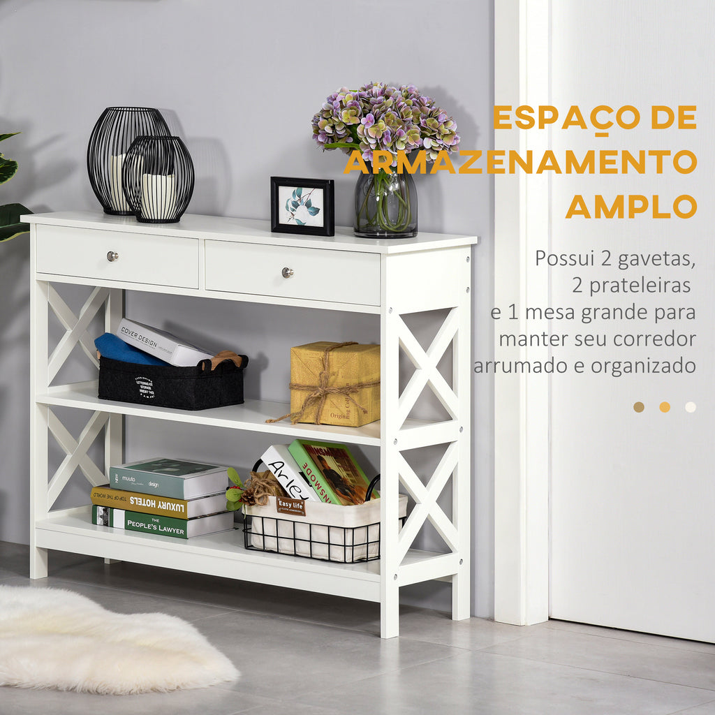 Mesa de console para Corredor com 2 gavetas e 2 prateleiras inferiores Móveis modernos Base elevada anti-inclinação 100x30.5x80 cm Branco — foto 4