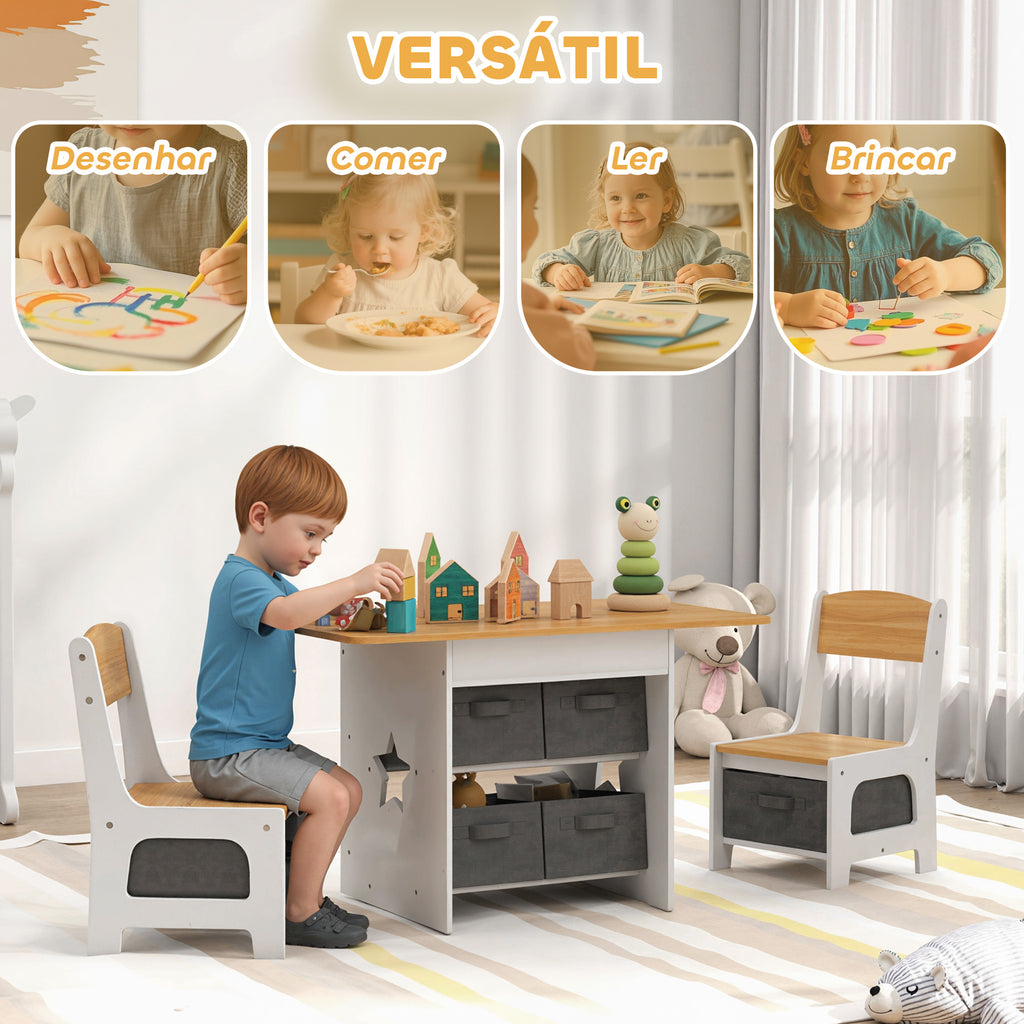 Mesa Infantil com 2 Cadeiras Mesa e Cadeiras para Crianças com 6 Gavetas de Tecido Desenho Estrelas para Meninos e Meninas de 3-8 Anos para Casa Escola Infantil Salas de Aula Madeira e Branco — foto 4